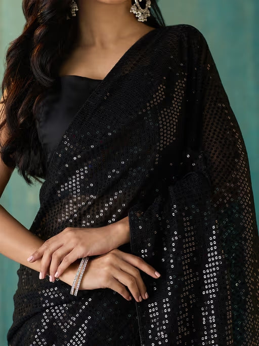 Black Georgette Embellished and Sequined Saree with Unstitched Blouse