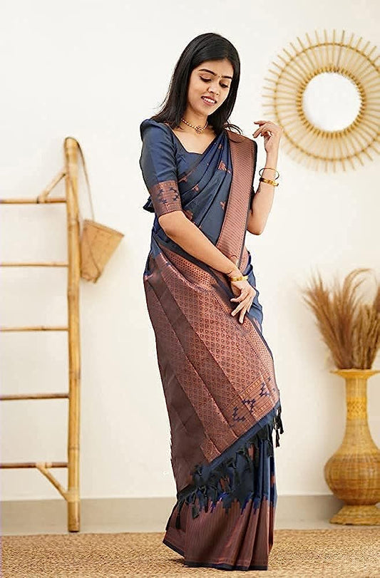 Women's Kanjivaram Soft Lichi Silk Banarasi Sarees With Blouse Piece