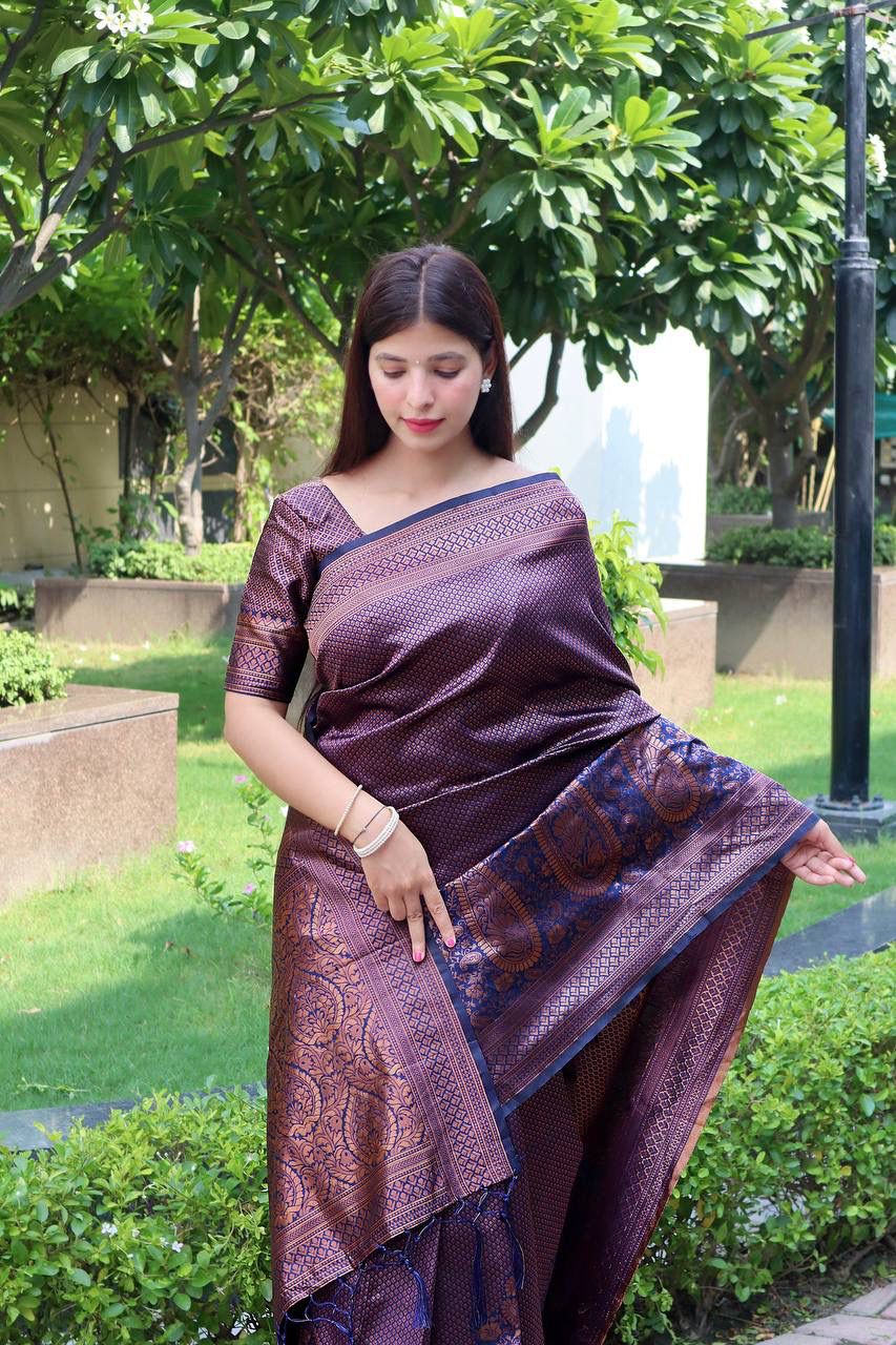 Dark Purple Woven Wedding Wear Saree in Banarasi Silk
