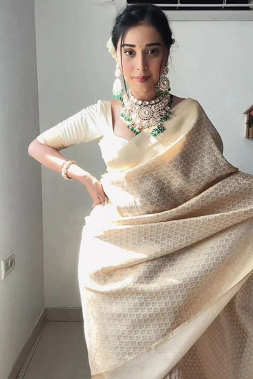 Off White Golden Weaving Work Soft Lichi Silk Saree