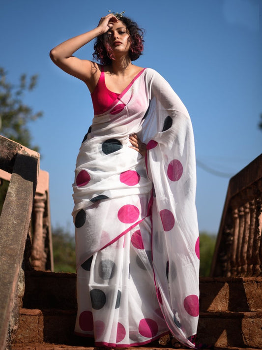 Women's Pink & White Khadi Cotton Handloom Saree