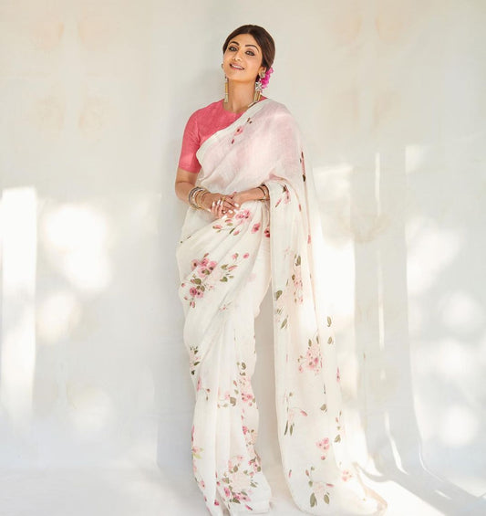 Digital Print Bollywood Cotton Linen Saree